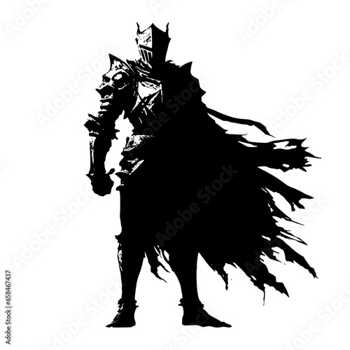 silhouette of a knight isolated on white background. Black illustration of a paladin. graphic element for RPG games. Icon set of dungeon warrior.