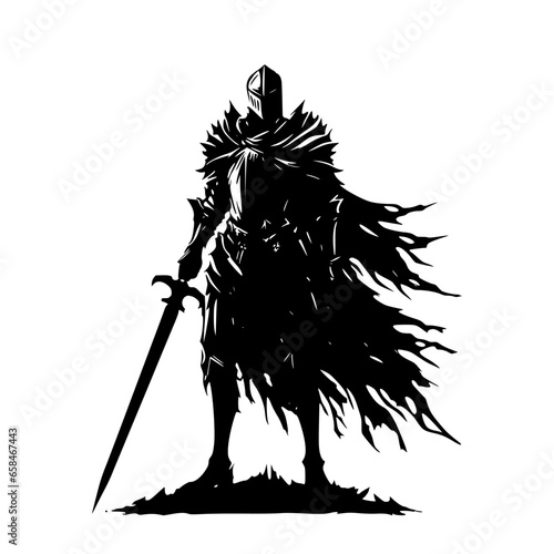 silhouette of a knight isolated on white background. Black illustration of a paladin. graphic element for RPG games. Icon set of dungeon warrior.