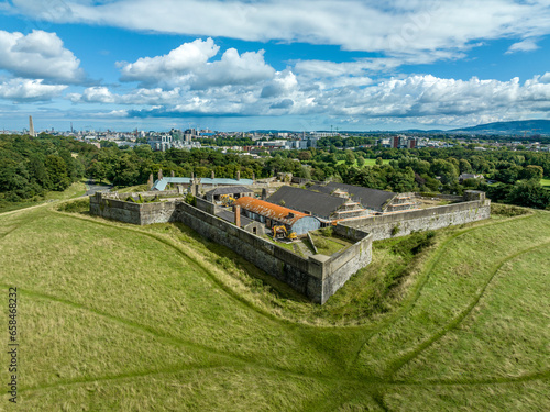 Photography Aerial view of Dublin Magazine Fort in Phoenix park in Ireland with moat cloudy