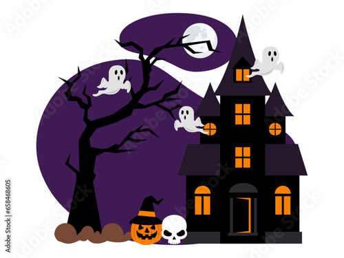 Halloween night illustration. Halloween vector illustration. Halloween scary house with moon, ghost, pupmkin with witch hat and skull vector illustration.