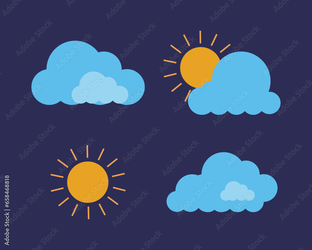 Set of weather icons. Vector illustration in flat style. Isolated on blue background. Set of weather icons. Vector illustration in flat style. Isolated on blue background.