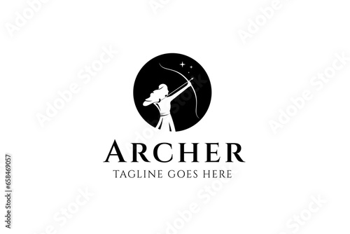 archer woman logo in silhouette circle frame in simple flat design style