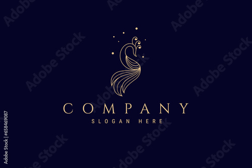 golden peacock vector logo with its beauty decorated with bubbles