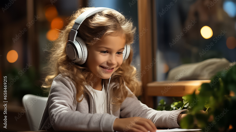 School child studying homework during online lesson at home by laptop with headphones, online education and tutoring concept. Ai Generate - obrazy, fototapety, plakaty 