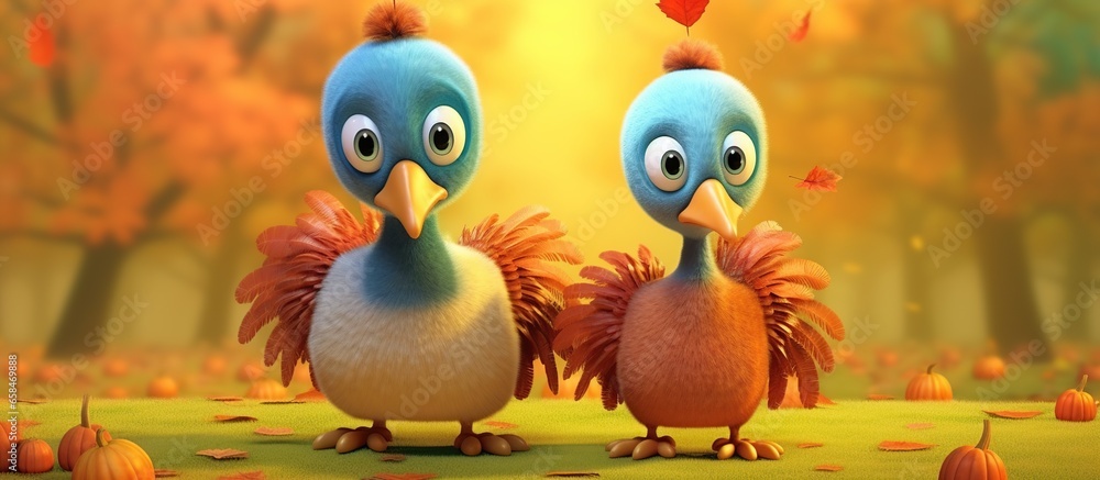 Naklejka premium turkey,and chicken cute cartoon animals leaf background.detail