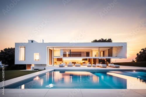 Exterior of modern minimalist cubic villa with swimming pool at sunset architecture