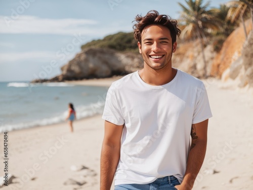 Man in White T-Shirt at the Beach - Lifestyle Advertisement and T-Shirt Mockup Showcase