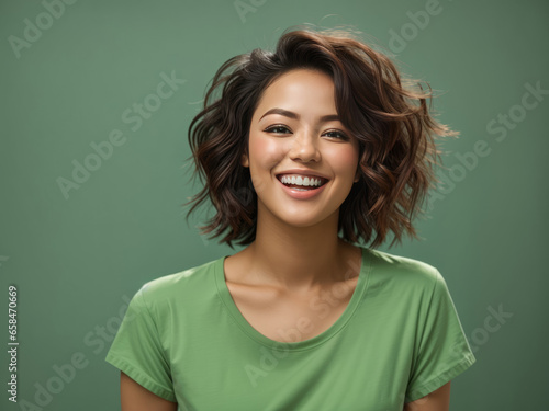 Woman Portrait in a Refreshing Green Background - Perfect for Dental, Facial, Lifestyle, and Earth Day Environment Advertising