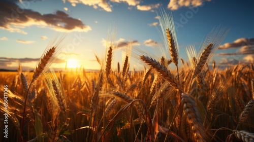 Landscape of a rural summer in the country. Field of ripe golden wheat in rays of sunlight at sunset against background of sky with clouds. photo