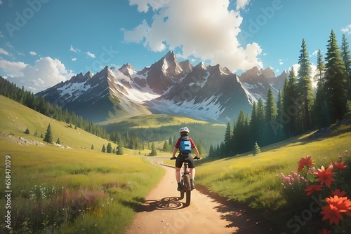 Mountain biking woman riding on bike in summer mountains forest landscape, generative active