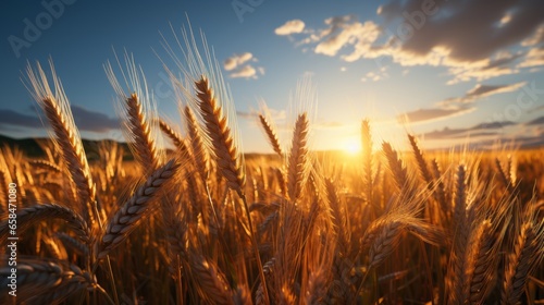 Landscape of a rural summer in the country. Field of ripe golden wheat in rays of sunlight at sunset against background of sky with clouds. © ND STOCK