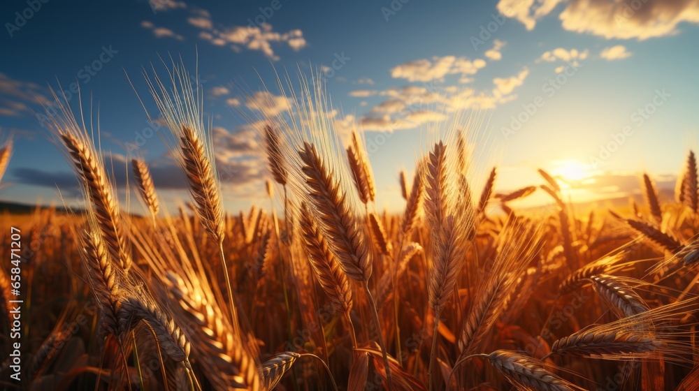 Landscape of a rural summer in the country. Field of ripe golden wheat in rays of sunlight at sunset against background of sky with clouds. Landscape of a rural summer in the country. Field of ripe golden wheat in rays of sunlight at sunset against background of sky with clouds.