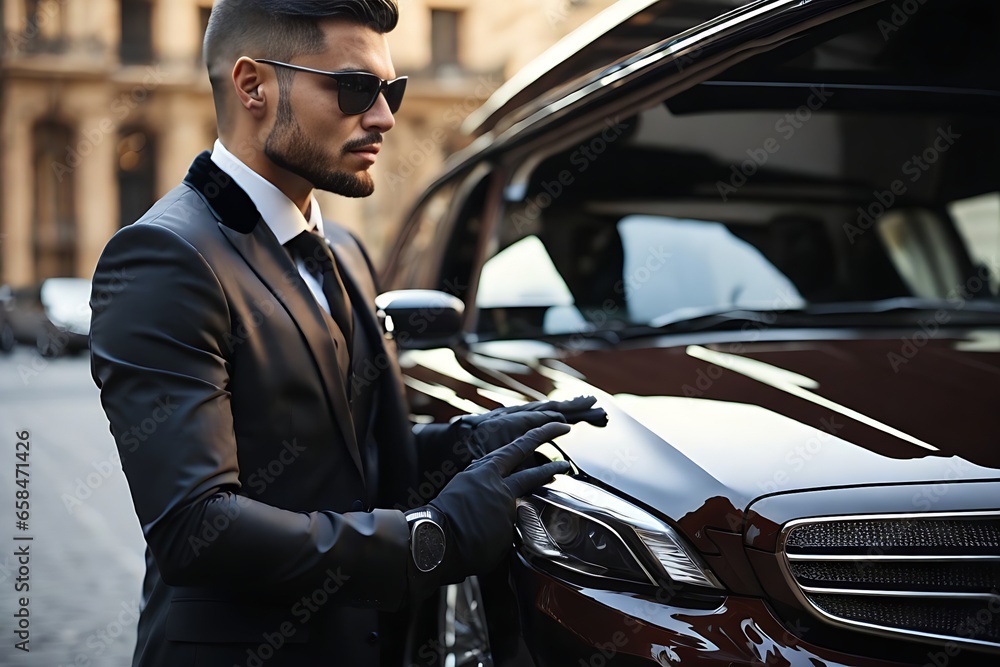 Professional driver near luxury car, closeup. Chauffeur service rich - obrazy, fototapety, plakaty 