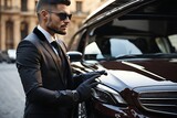 Professional driver near luxury car, closeup. Chauffeur service rich
