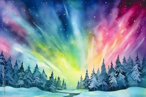 Aurora Borealis view watercolor art style © diboy