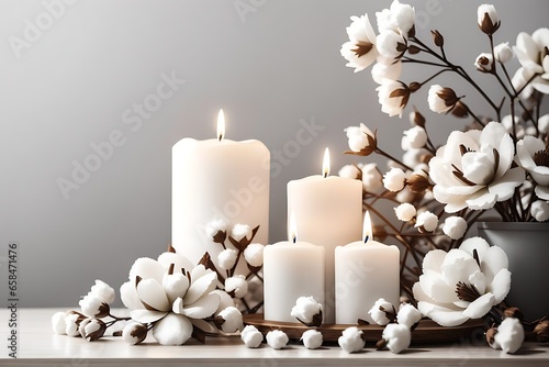 Stylish table with cotton flowers and aroma candles near light wall. Banner for design natural