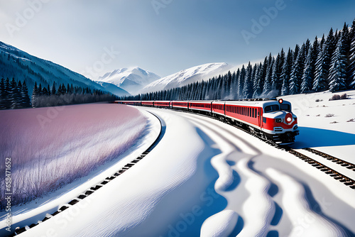 A train that runs along a snowy meadow Generative AI photo