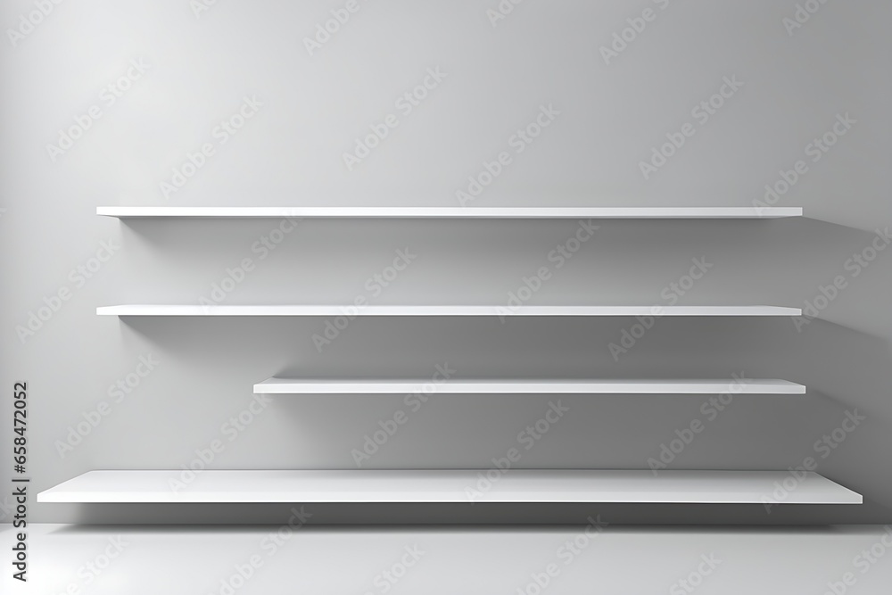 Universal minimalistic background for product presentation. White empty shelf on a light gray wall room Universal minimalistic background for product presentation. White empty shelf on a light gray wall room