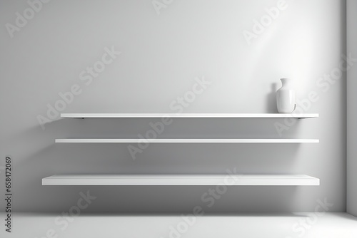 Universal minimalistic background for product presentation. White empty shelf on a light gray wall