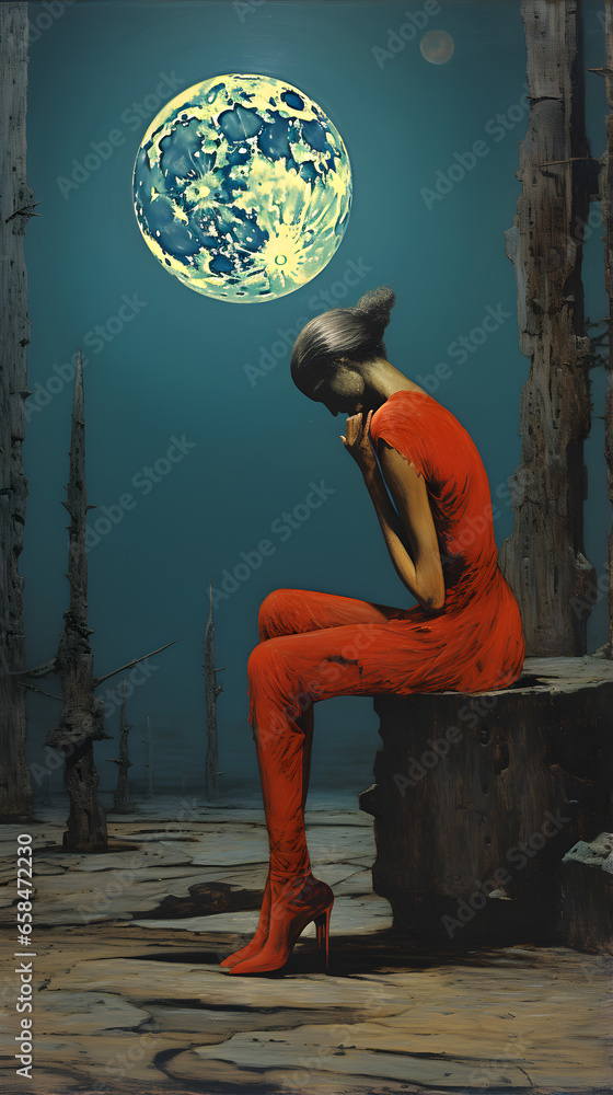 Obraz premium Contemporary art of lonely girl under the moon