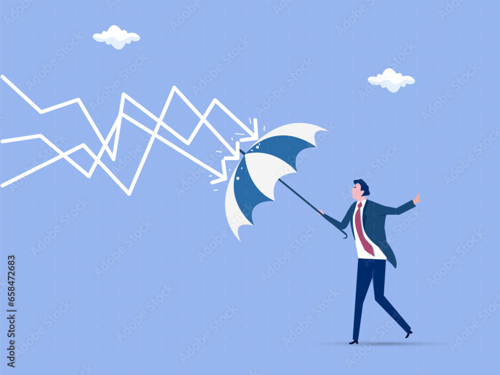 Protection or defensive stock in economy crisis or market crash, business resilient to survive difficulty or insurance concept, businessman holding umbrella to cover and protect from downturn arrow. Protection or defensive stock in economy crisis or market crash, business resilient to survive difficulty or insurance concept, businessman holding umbrella to cover and protect from downturn arrow.