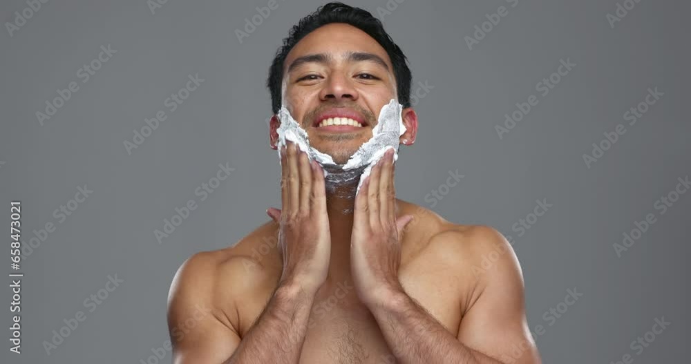 Shaving cream, face and hair removal, man with grooming and hygiene, beauty and cosmetics on