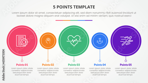 5 points stage template infographic concept for slide presentation with big and small circle timeline style with 5 point list with flat style