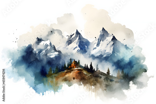Mountain View Watercolor Art Style