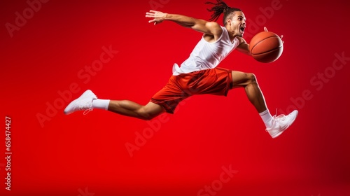 Inflight Dunk Mastery: Energetic Basketball Player in Action on Red © danter
