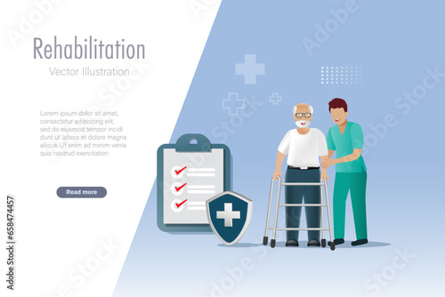 Rehabilitation, physiotherapy. Physiotherapist assist senior man walking with walker stick, recovery from orthopedic problem. Physical therapist, medical healthcare from trauma or injury.