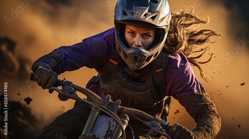 Conquering Heights: Fearless Female Mountain Biker on Bold Purple Terrain