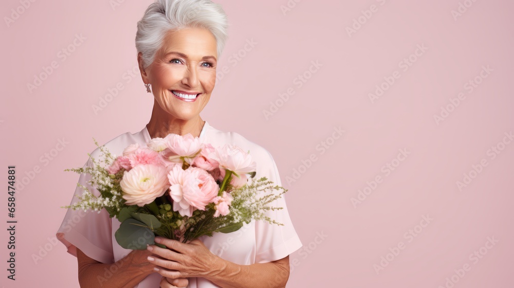 Gentle Elderly Woman Holding a Bouquet of Flowers on Pastel Background