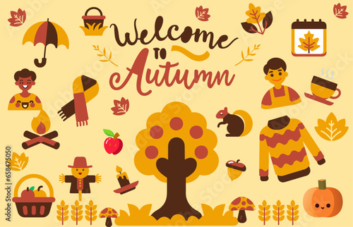 Hello autumn element vector illustrations fall season tree pumpkin animals cute for kid 