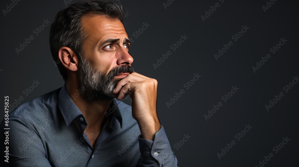 Φωτογραφία Contemplative Moments: Adult in Pensive Gaze, Hand on Chin, on Subdued Gray