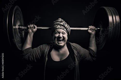 Oversized woman lifting barbell weights in the dark black background.