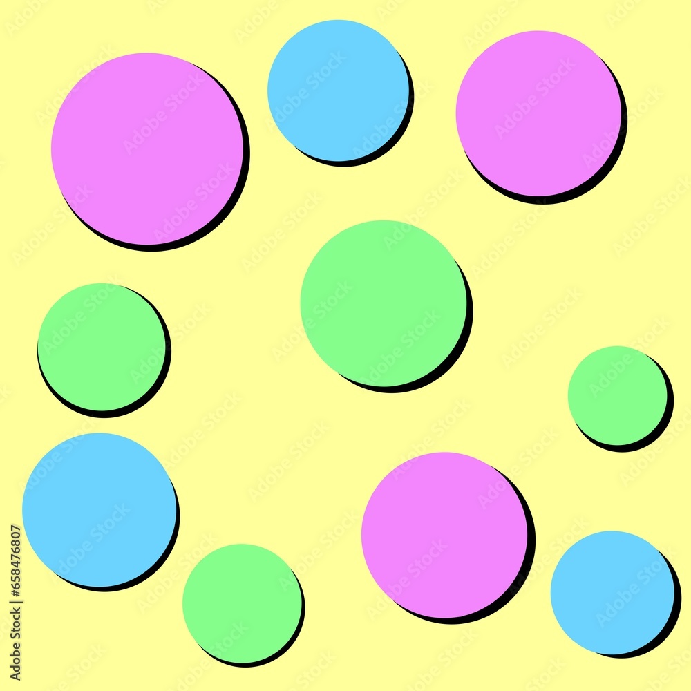 Pink, blue, and green circles with black shadows on light yellow background Pink, blue, and green circles with black shadows on light yellow background