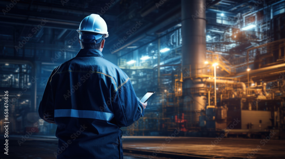 A man stands with his back against the backdrop of an industrial room