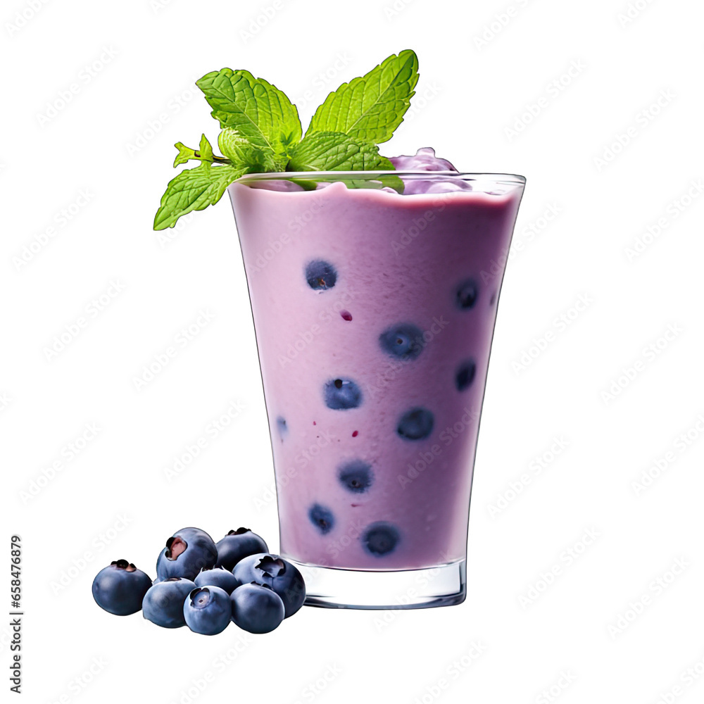Blueberry smoothie decorated with mint leaf and blueberry isolated on white Blueberry smoothie decorated with mint leaf and blueberry isolated on white