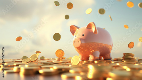 Golden coins flying and floating to piggy bank