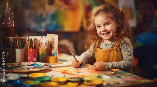 A happy little girl doing creative work