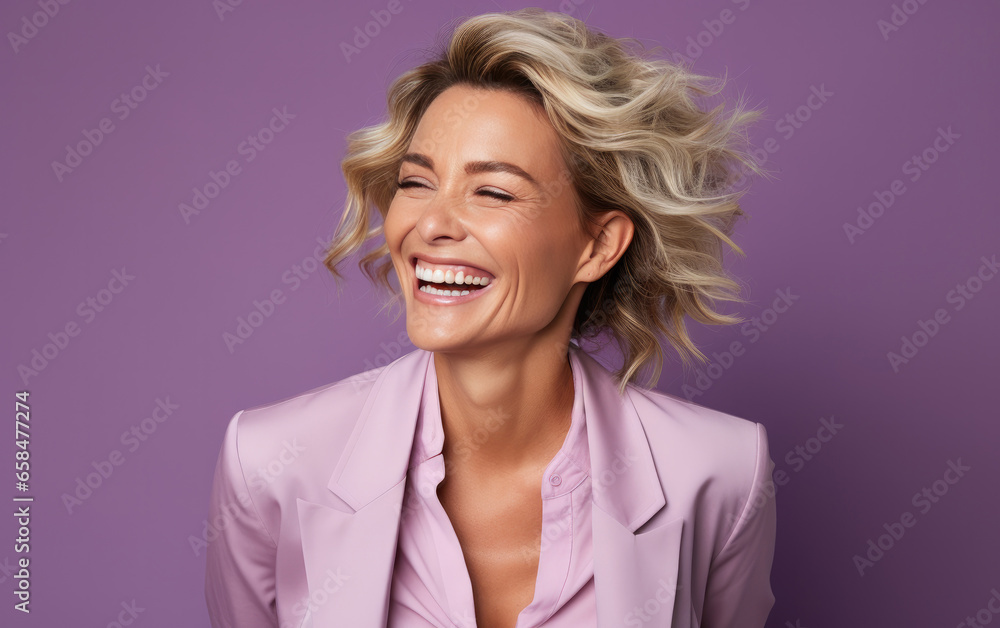 happy fashion smiling businesswoman CEO with bright suit in color background happy fashion smiling businesswoman CEO with bright suit in color background