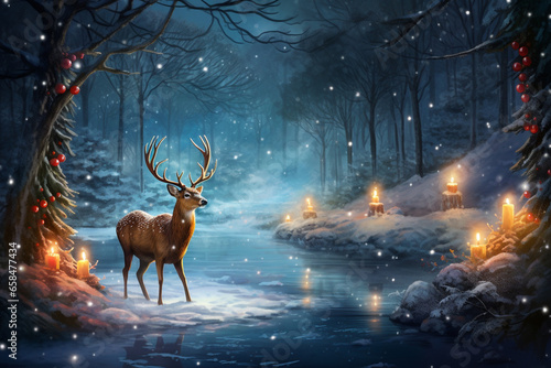 Christmas background with deer standing in the forest and copy space.
