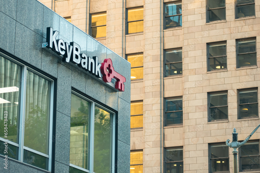 Seattle, WA, USA - September 30, 2023: The Key Bank sign and logo on