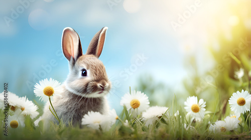 Easter Bunny with Colorful Eggs on a Spring Flower Easter Celebration Rabbit and Eggs Among Blooming Flowers 