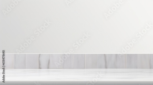 Empty white marble table top with blur tile wall bathroom background.