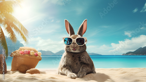 Easter Bunny Beach Vacation - Sandy Easter Delight Bunny in Paradise: Easter Holiday on a Sandy Beach Easter Bunny Soaking Up the Sun on a Tropical Beach © umair