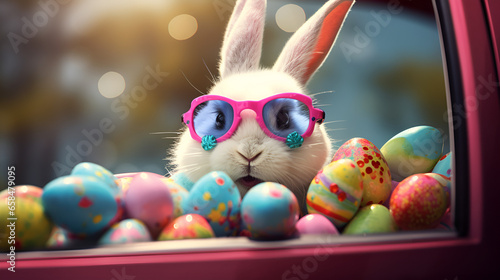 Cute Easter Bunny in Shades and a Car Full of Easter Eggs Adorable Easter Bunny with Sunglasses in a Car Surrounded by Easter Eggs Easter Bunny Peeking out of a Car with Easter Egg Decorations