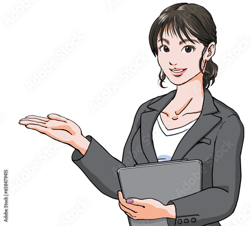 ファイルを片手に笑顔でご案内するスーツ姿の若い女性