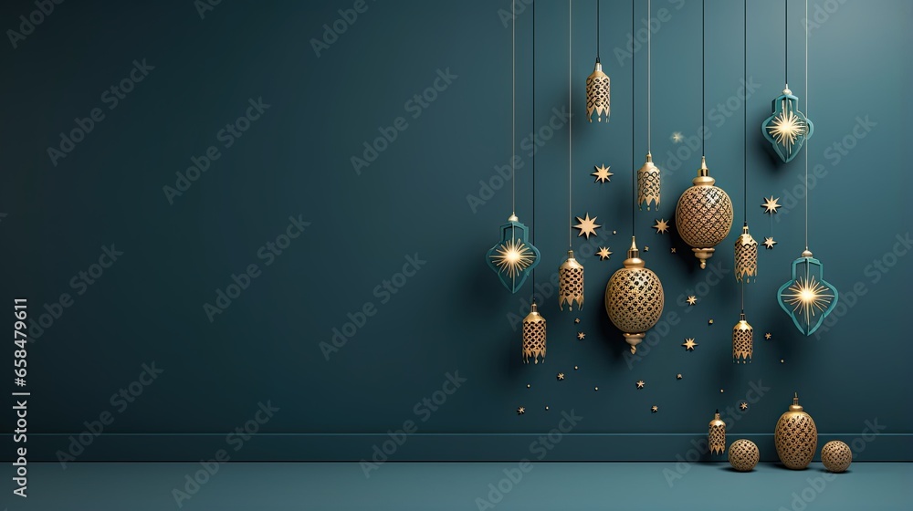 Eid mubarak with a islamic decorative frame pattern crescent star and lantern on a light ornamental background. - obrazy, fototapety, plakaty 