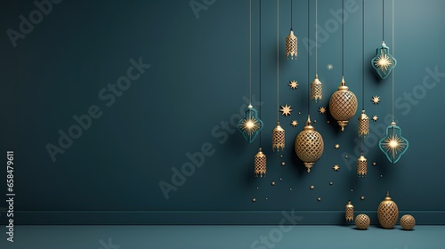 Foto Eid mubarak with a islamic decorative frame pattern crescent star and lantern on a light ornamental background